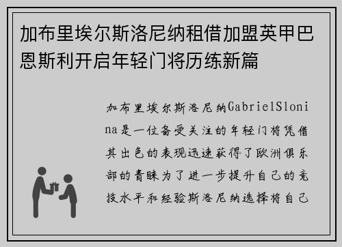 加布里埃尔斯洛尼纳租借加盟英甲巴恩斯利开启年轻门将历练新篇